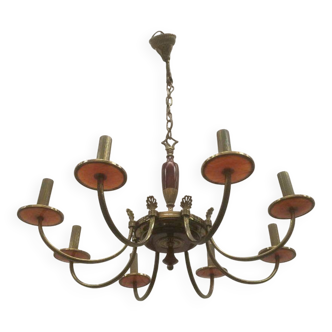 Brass and red plexiglass chandelier