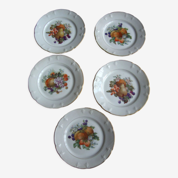 Lot de 5 assiettes anciennes en porcelaine de limoges L.J.V à décor de fruit