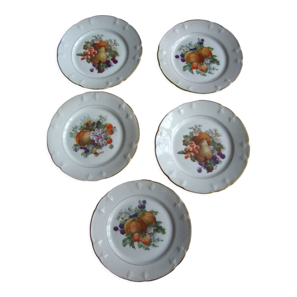 Set of 5 antique Limoges porcelain plates L.J.V with fruit