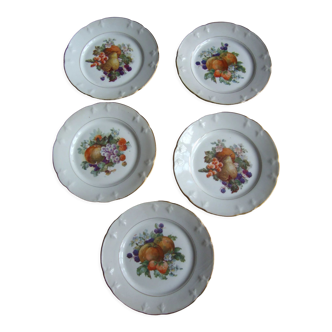 Lot de 5 assiettes anciennes en porcelaine de limoges L.J.V à décor de fruit