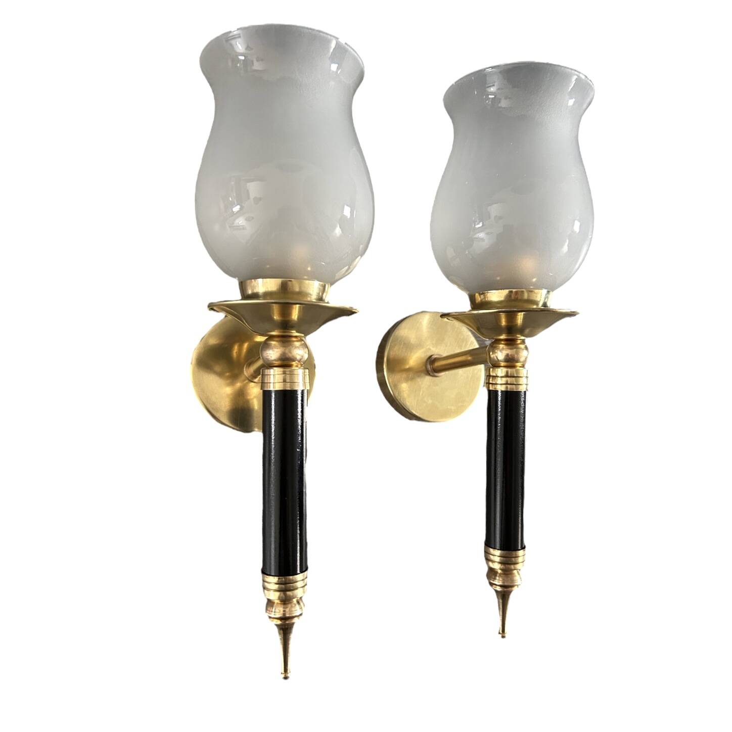 Pair of brass and black torchiere wall lights