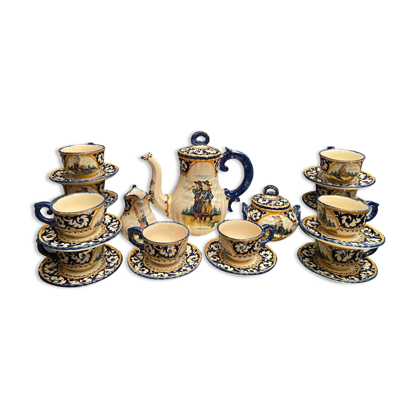 Tea service full coffee earthenware Quimper Henriot cups sugar bowl pot milk jar