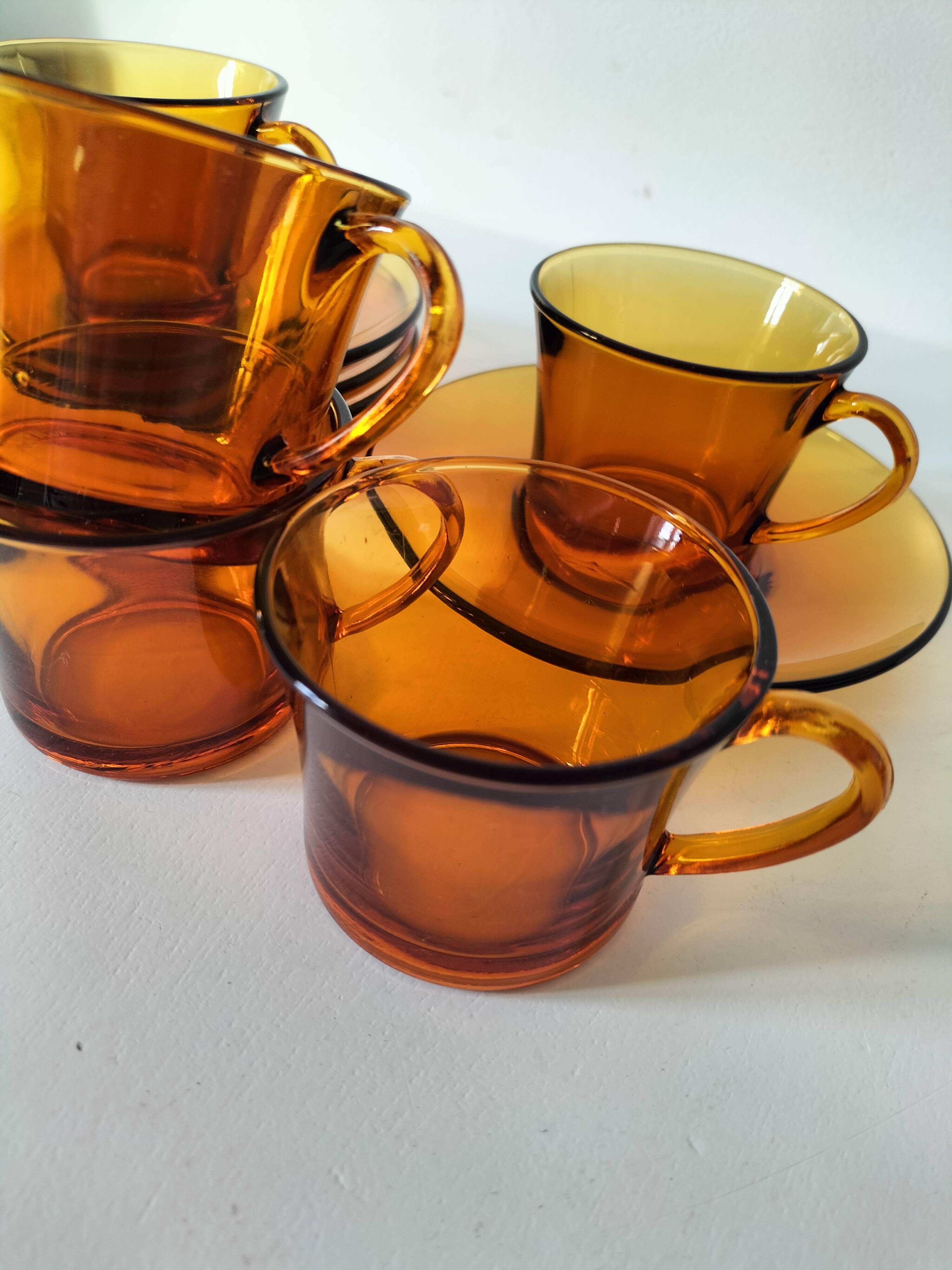 5 vintage amber Duralex cups and saucers