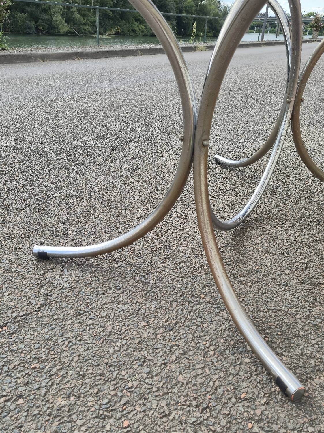 Vintage oval design table in smoked glass and chrome legs