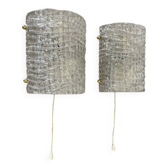 Set of Two Ice Glass Wall Light Sconces Kalmar Style, Germany, 1970s