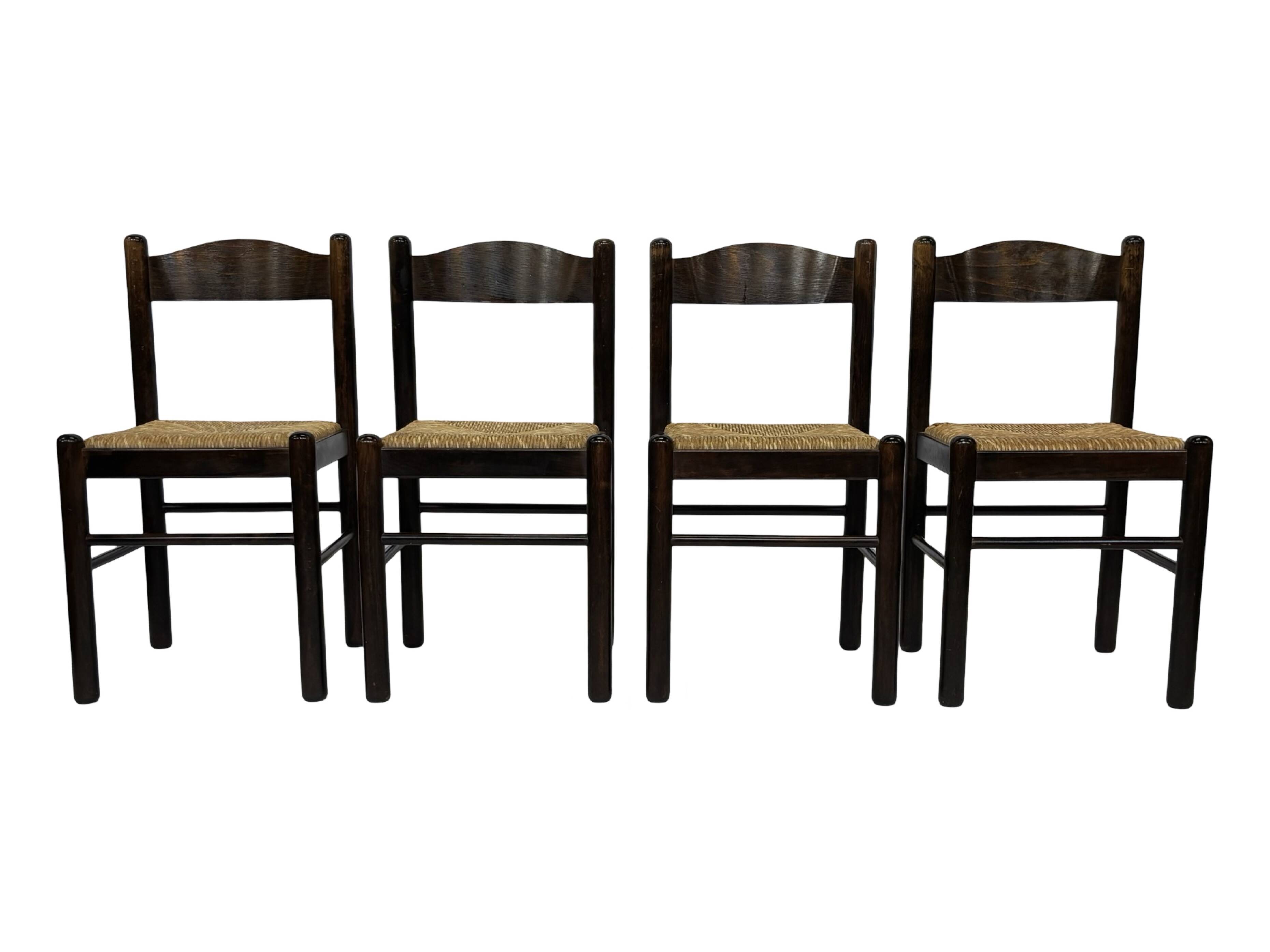 Set of 4 dark brown wooden chairs 70s minimalist design