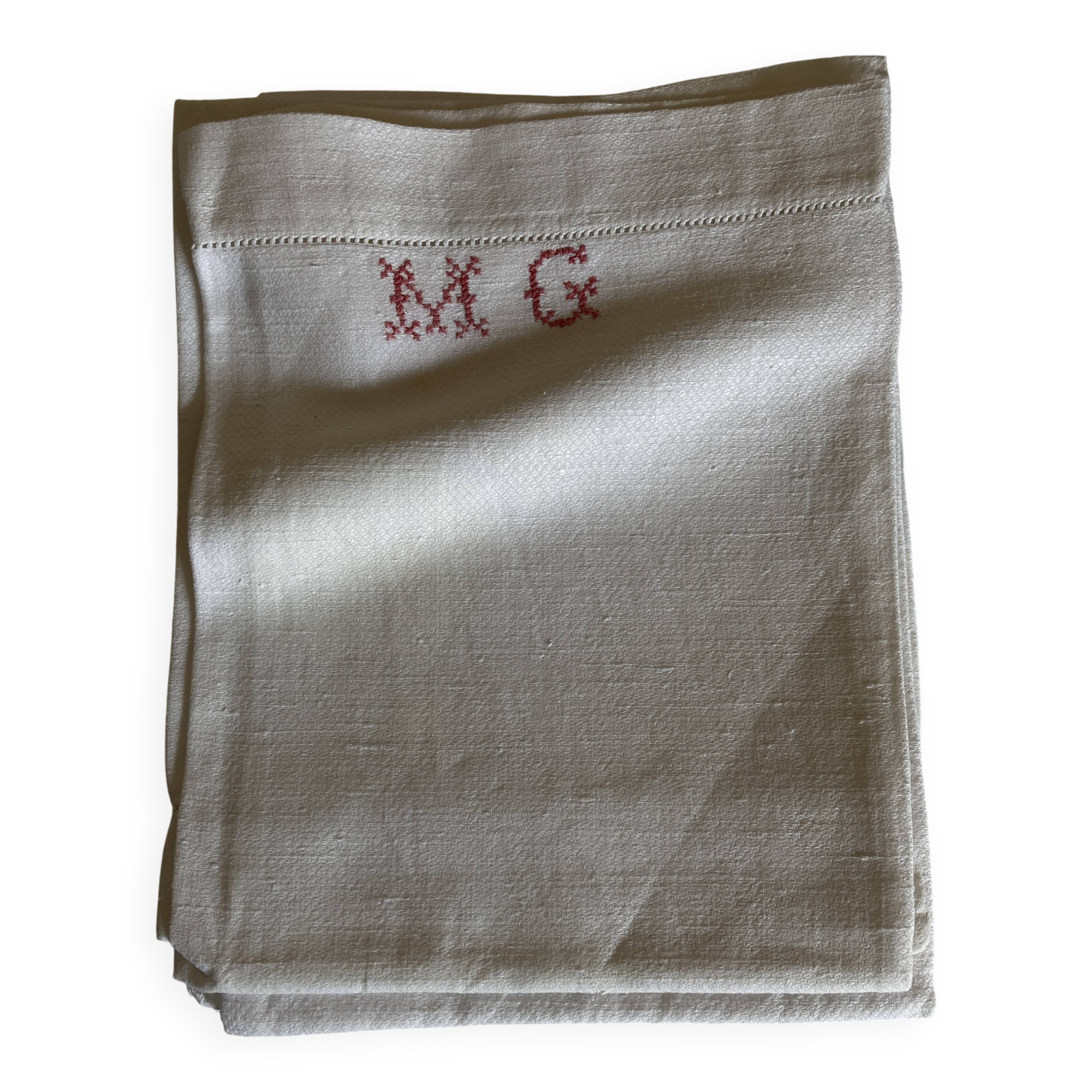 Set de 6 serviettes en lin caviar 1930 brodées MG rouge 65 x 85