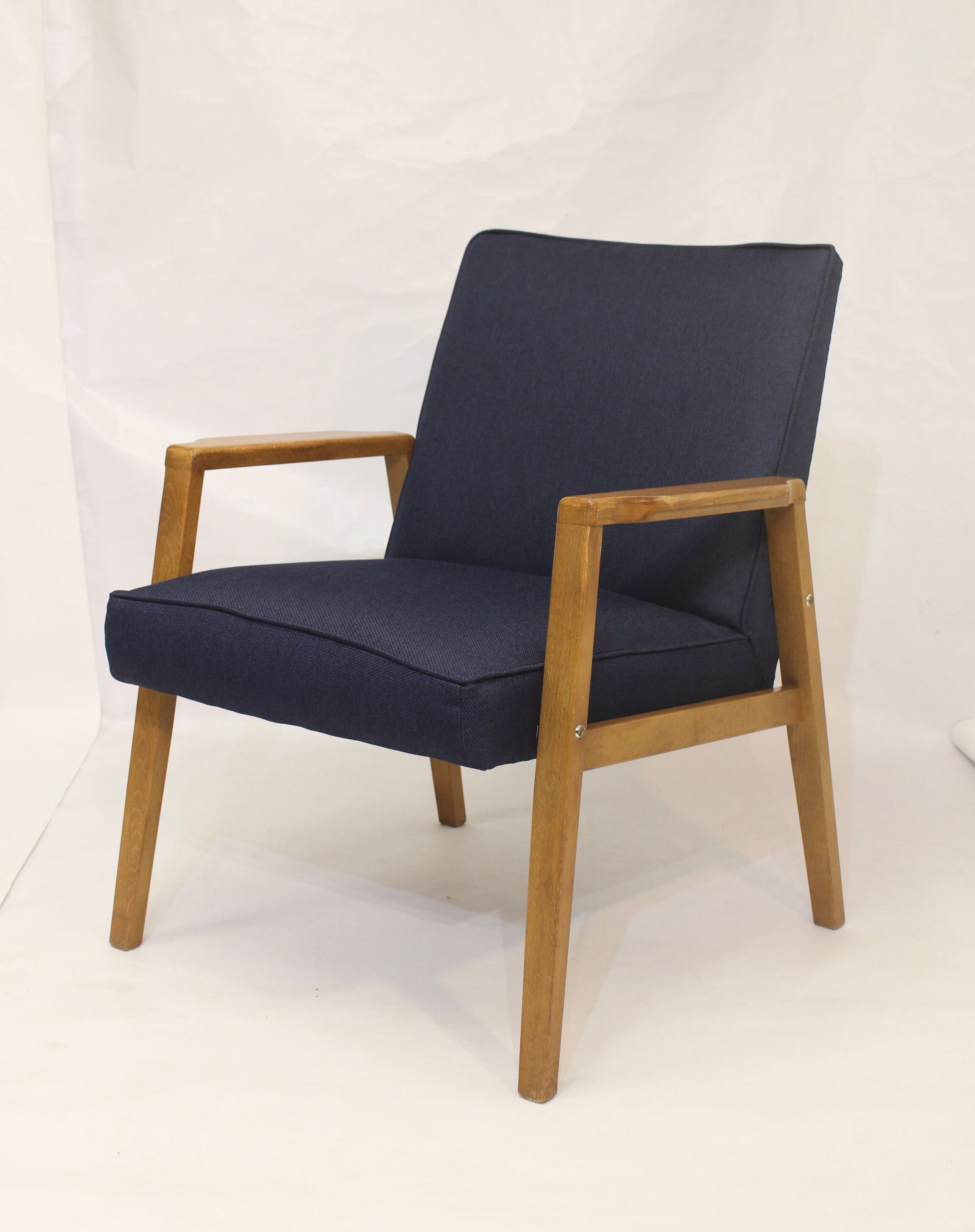 Pair of Scandinavian armchairs 60s restored deep blue gloved fabric.