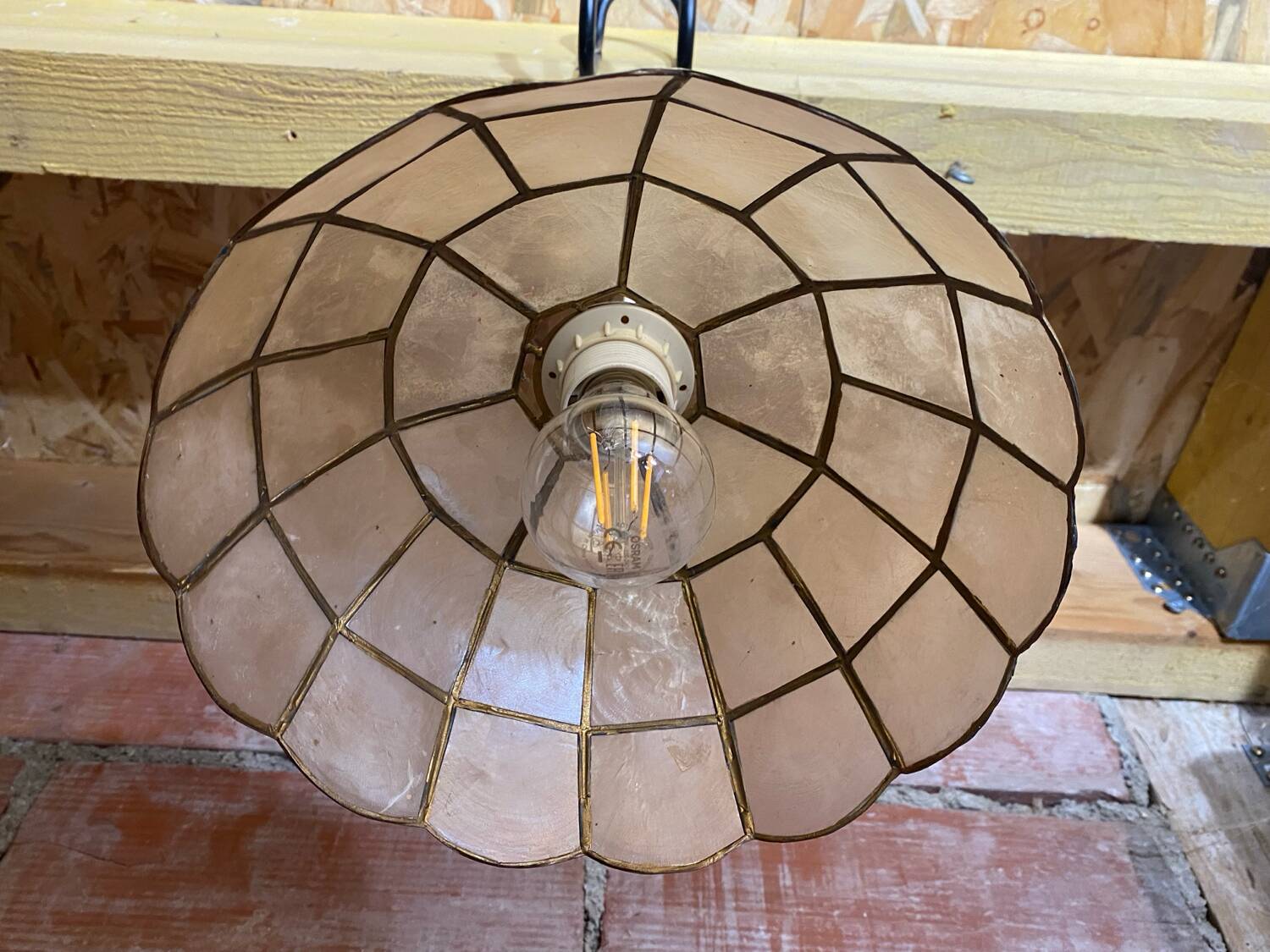 Antique Art Deco Style Pendant Light, Mother-of-Pearl & Brass, 1970s Vintage