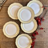 Set of 6 vintage white dinner plates with yellow and gold trim.