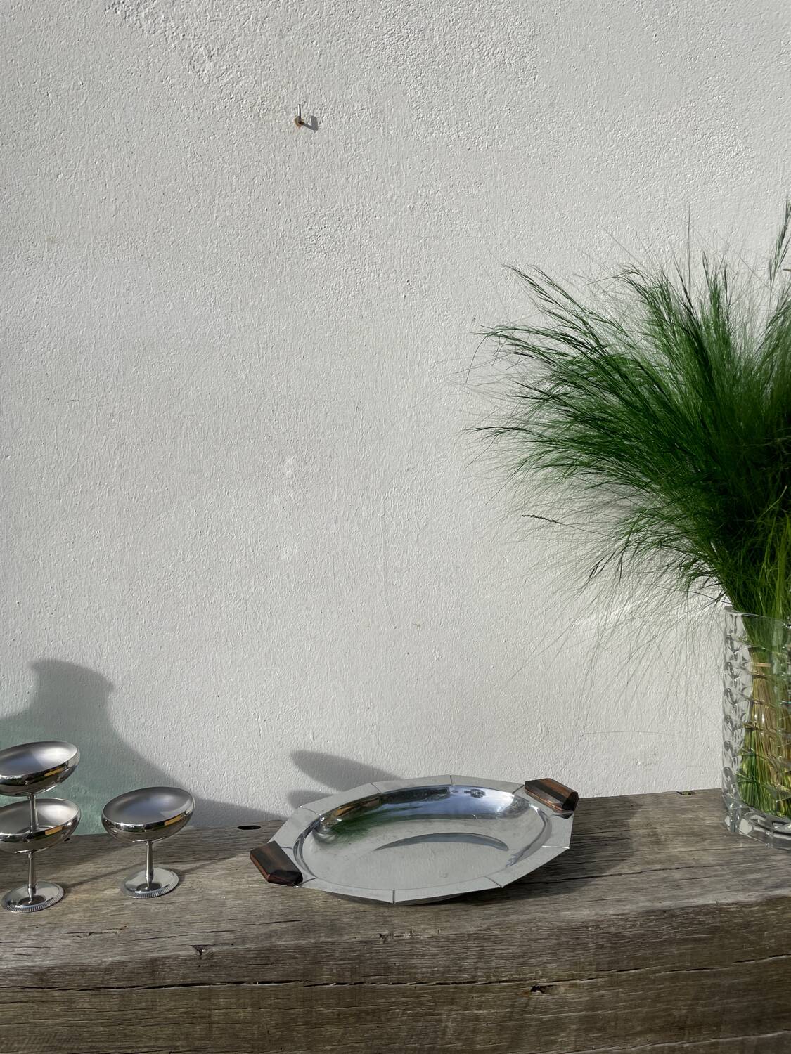 Art Deco silver-plated metal and wood dish