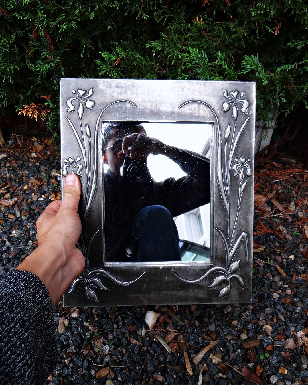 Vintage 70s Art Nouveau style hand-embossed tin wall mirror