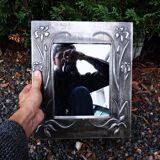 Vintage 70s Art Nouveau style hand-embossed tin wall mirror