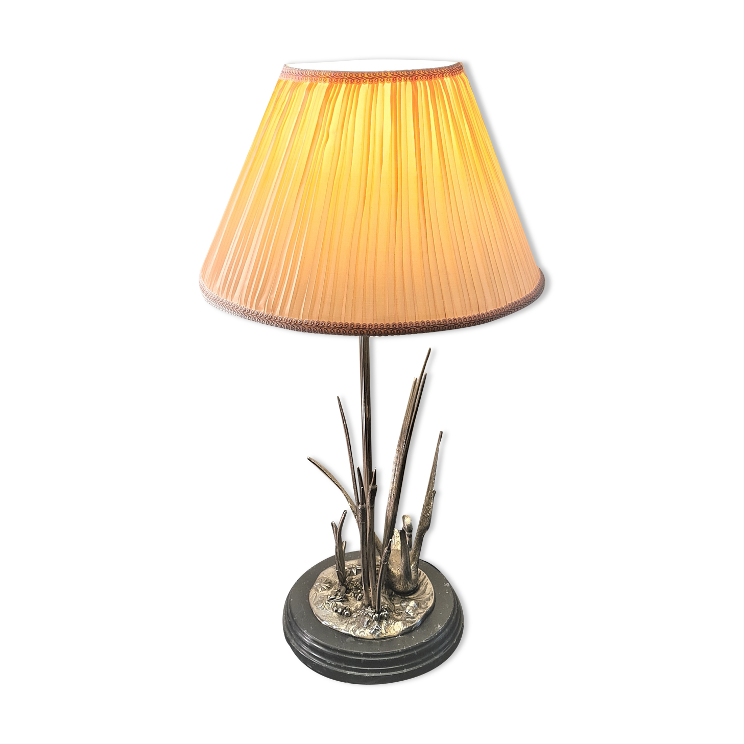 Desk lamp in marble and metal plated silver cigne decorated signed by agudo,