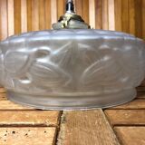 Ancienne Suspension Verre Moulé Transparent + Support Laiton Vintage