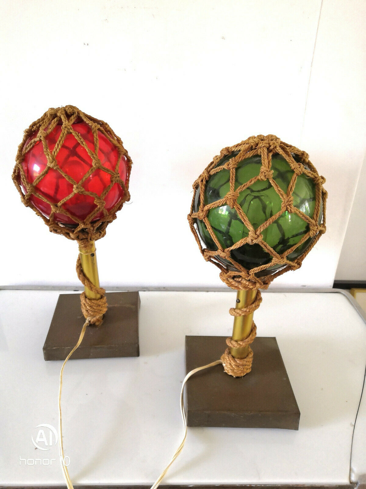 Paire de lampes corde et flotteurs de filets design années 60 - 70