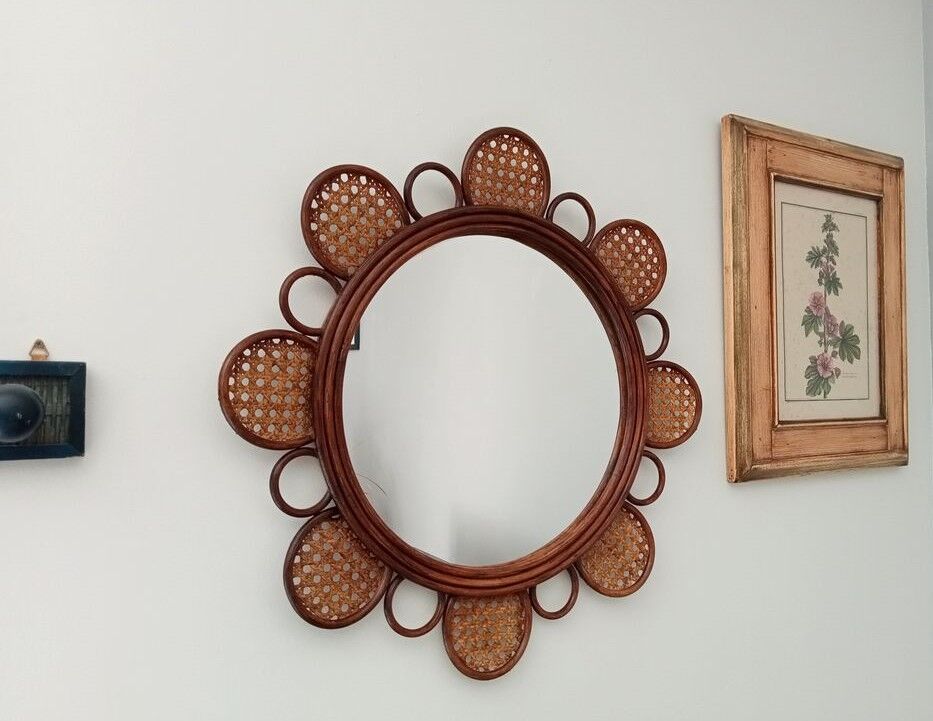 Vintage rattan flower mirror and cannage 60s/70s