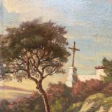 Painting Animated Mediterranean landscape at the monastery 1879 signed F.D.