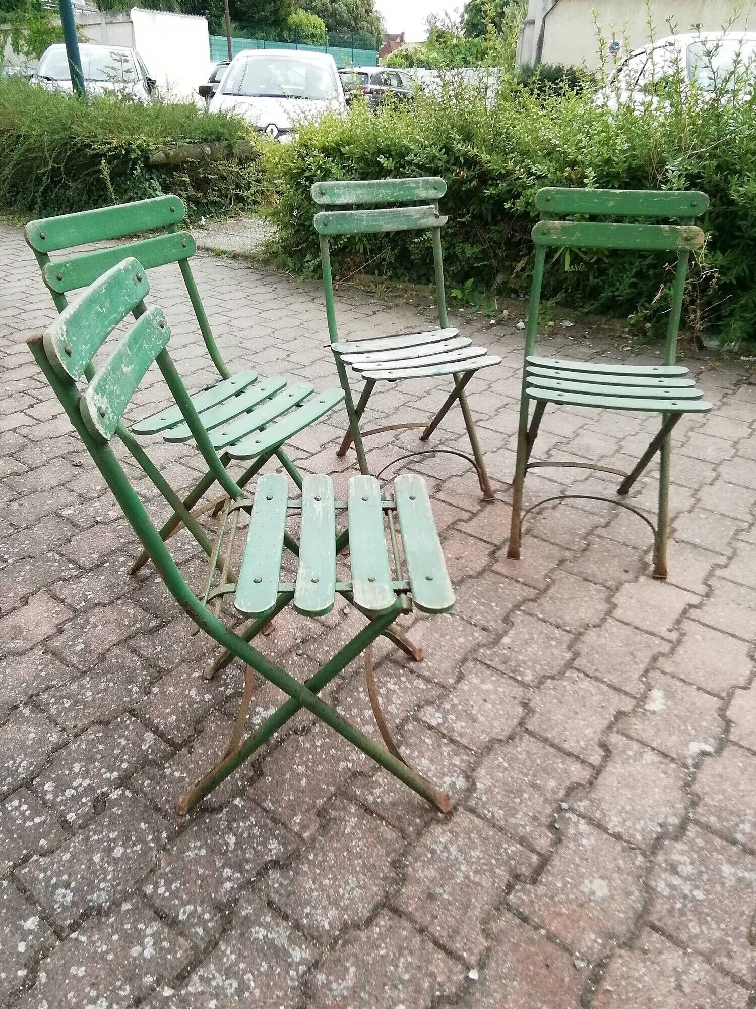 4 old iron and wood garden folding chairs