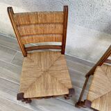 Pair of straw and solid oak chairs