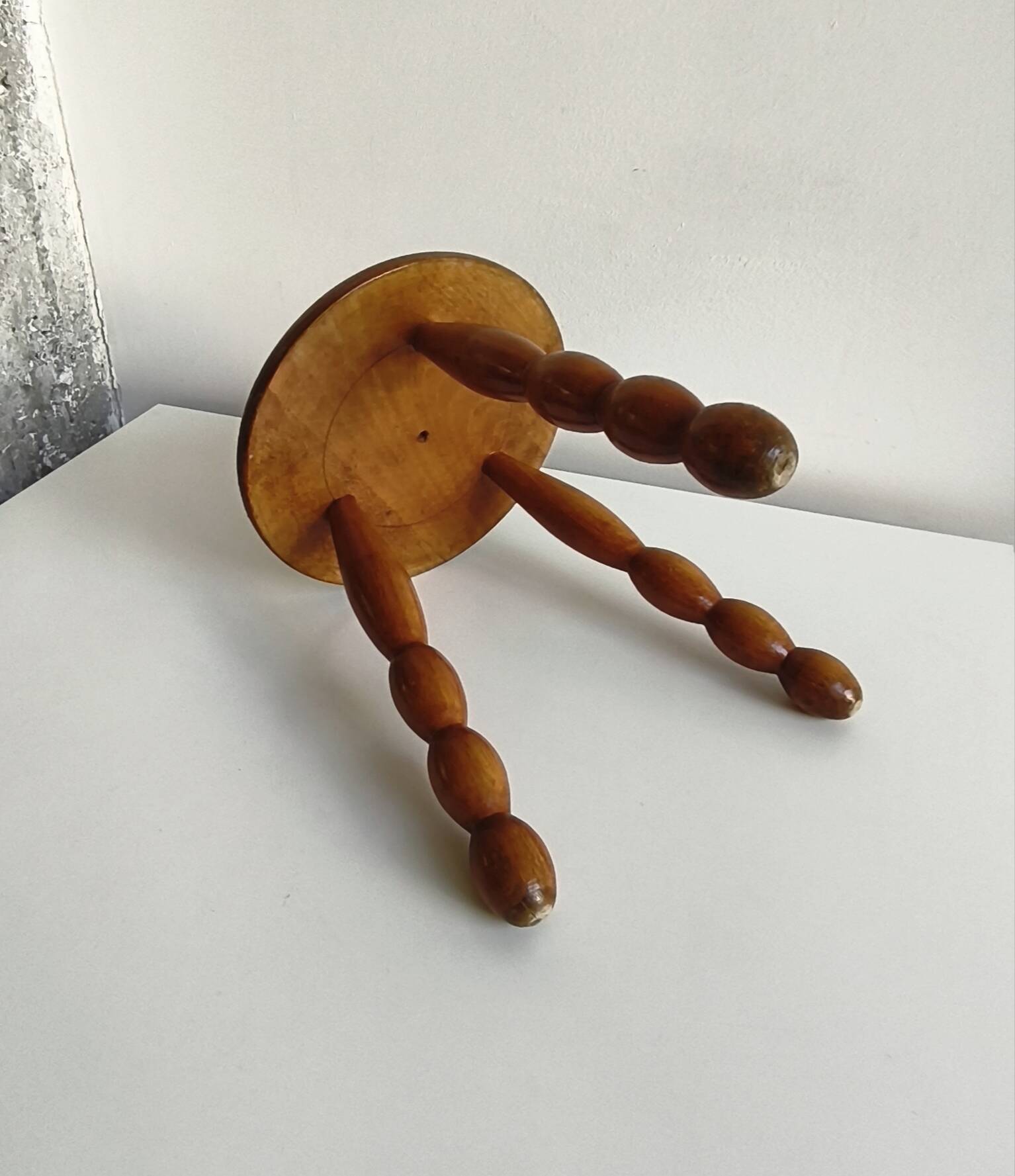 Turned wood tripod stool