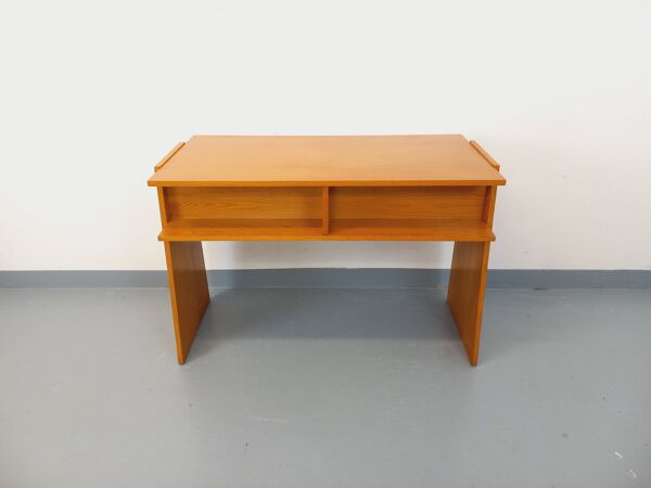 Bureau trapèze double-face vintage en bois de chêne des années 60