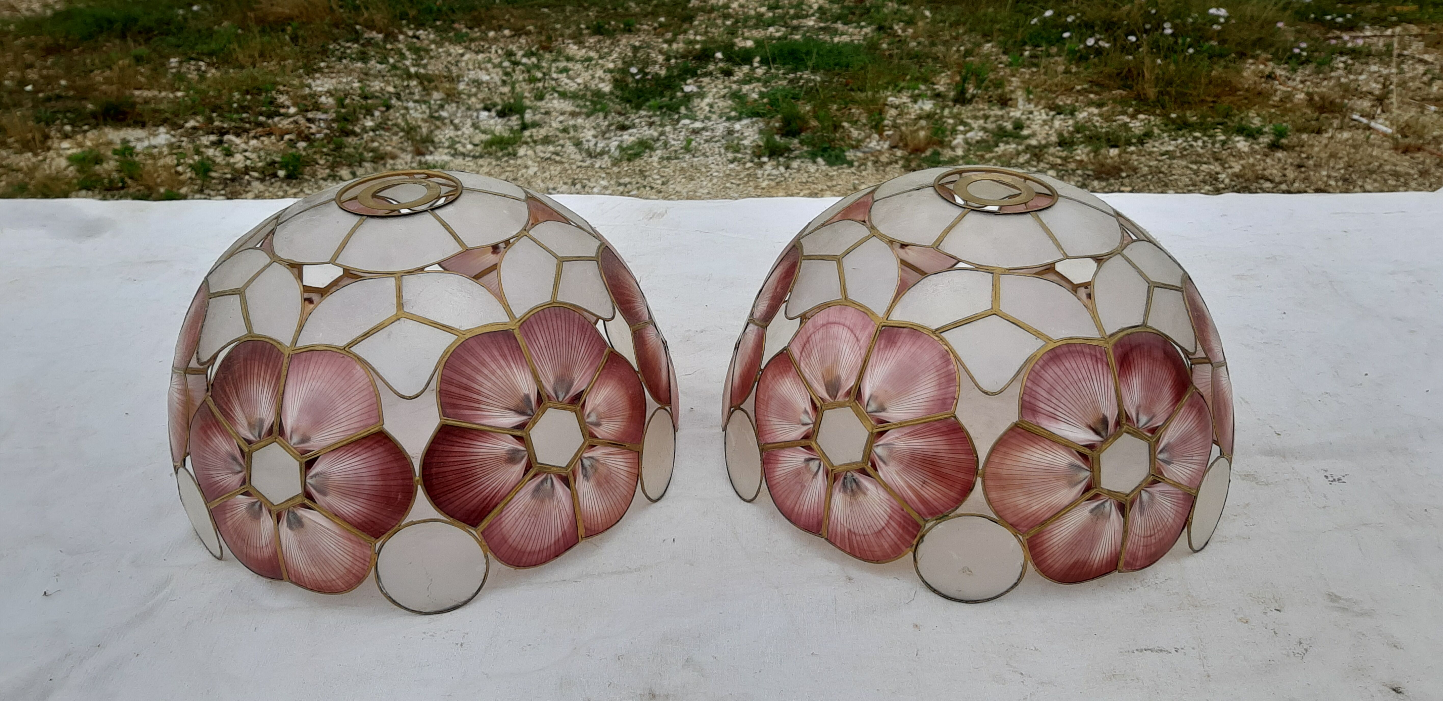 Pair of vintage pendant lamps in brass mother-of-pearl and shells