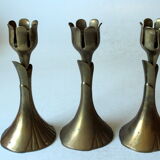 3 beautifull solid brass candle holders with floral motif, vintage from the 1960s
