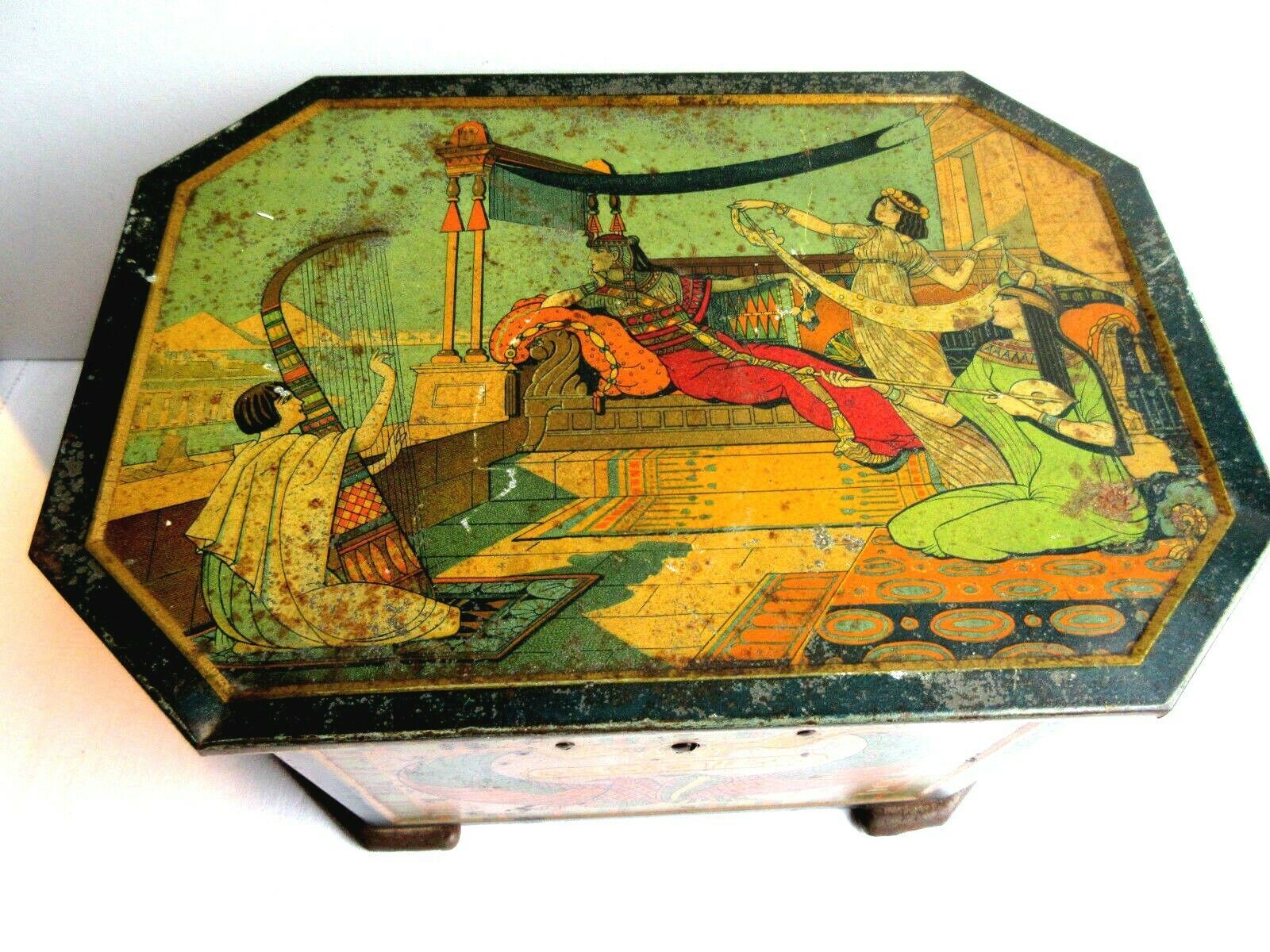 Octagonal sewing box with mirror, lithographed sheet: antique scene, 1900