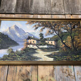 Tableau huile sur toile l. guerny vue rivière en montagne avec cadre doré