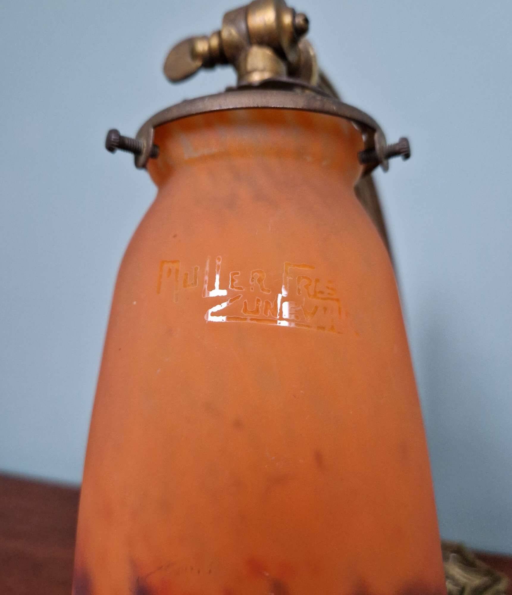 Art Deco bronze and marbled glass desk lamp, Muller brothers, 1920