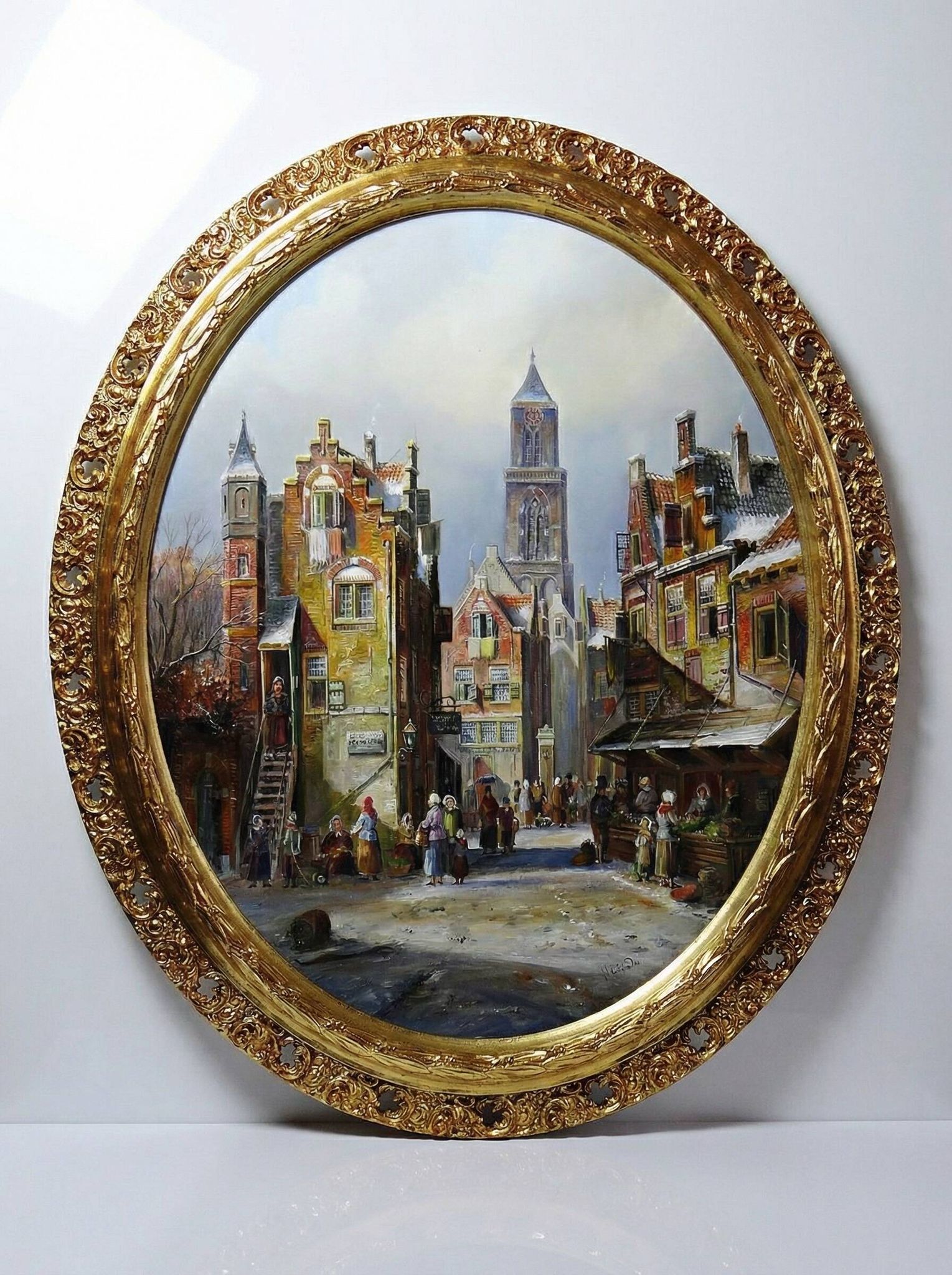 Large painting urban scene oil on wood framed John Haanstra vintage