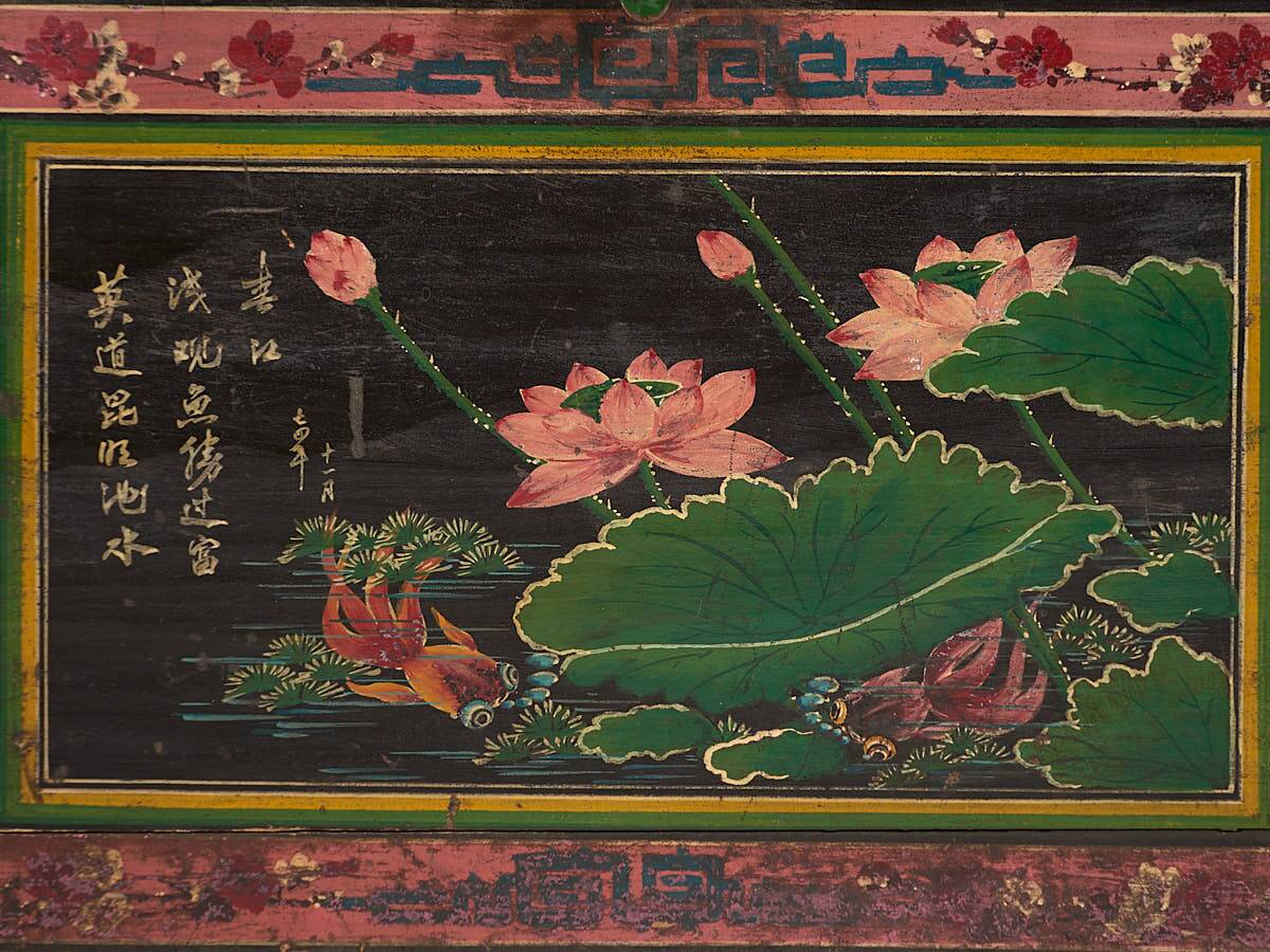 Antique oriental trunk with lotus flower paintings (c.1900)