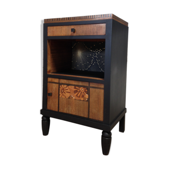 Chevet art déco marqueté noir et bois