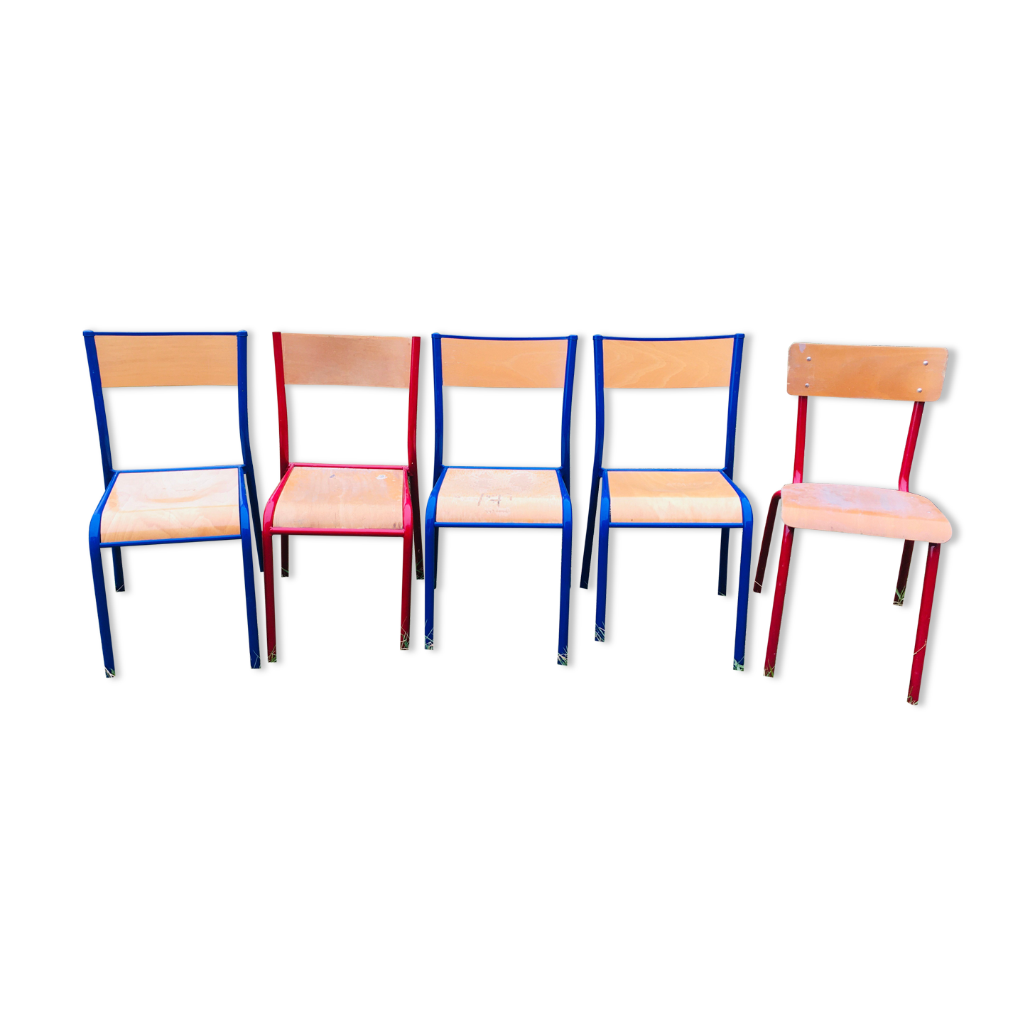 Set of 5 school chairs years '70 in red and blue
