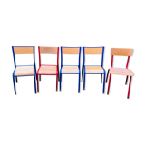 Set of 5 school chairs years '70 in red and blue