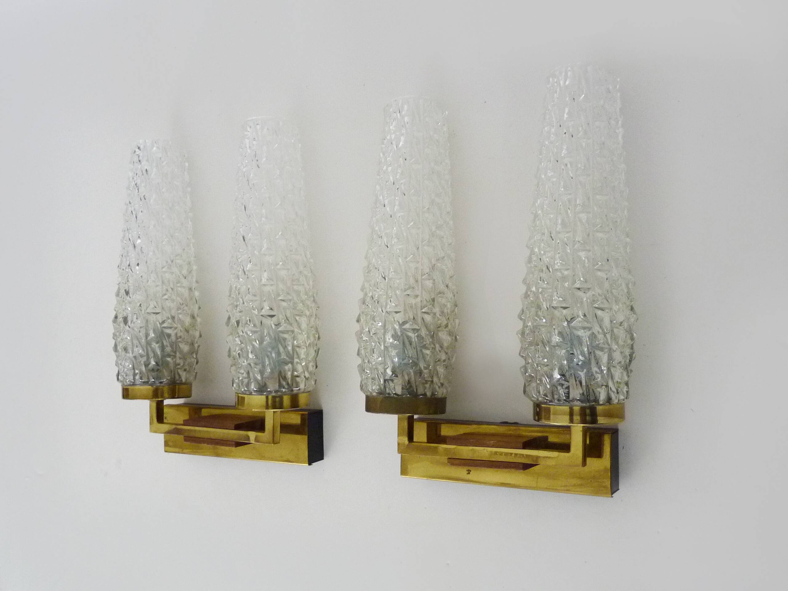 Pair of double-light wall lights, brass, teak globe, glass tubes. 50s-60s