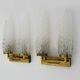 Pair of double-light wall lights, brass, teak globe, glass tubes. 50s-60s