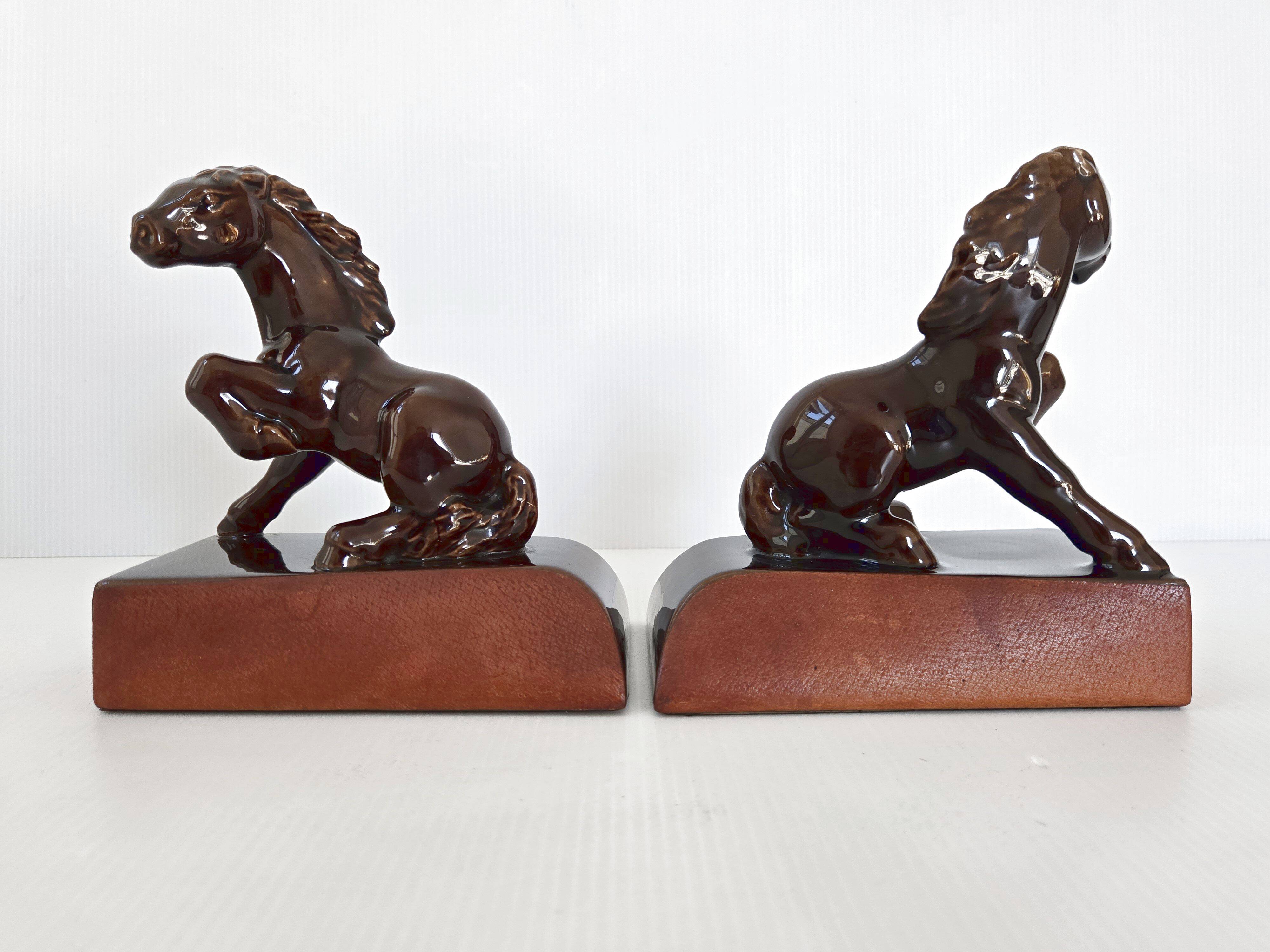 Pair of vintage leather & ceramic bookends
