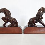 Pair of vintage leather & ceramic bookends