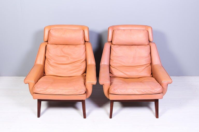 Leather and rosewood chairs and Ottoman by Werner Langenfled Denmark 1960s
