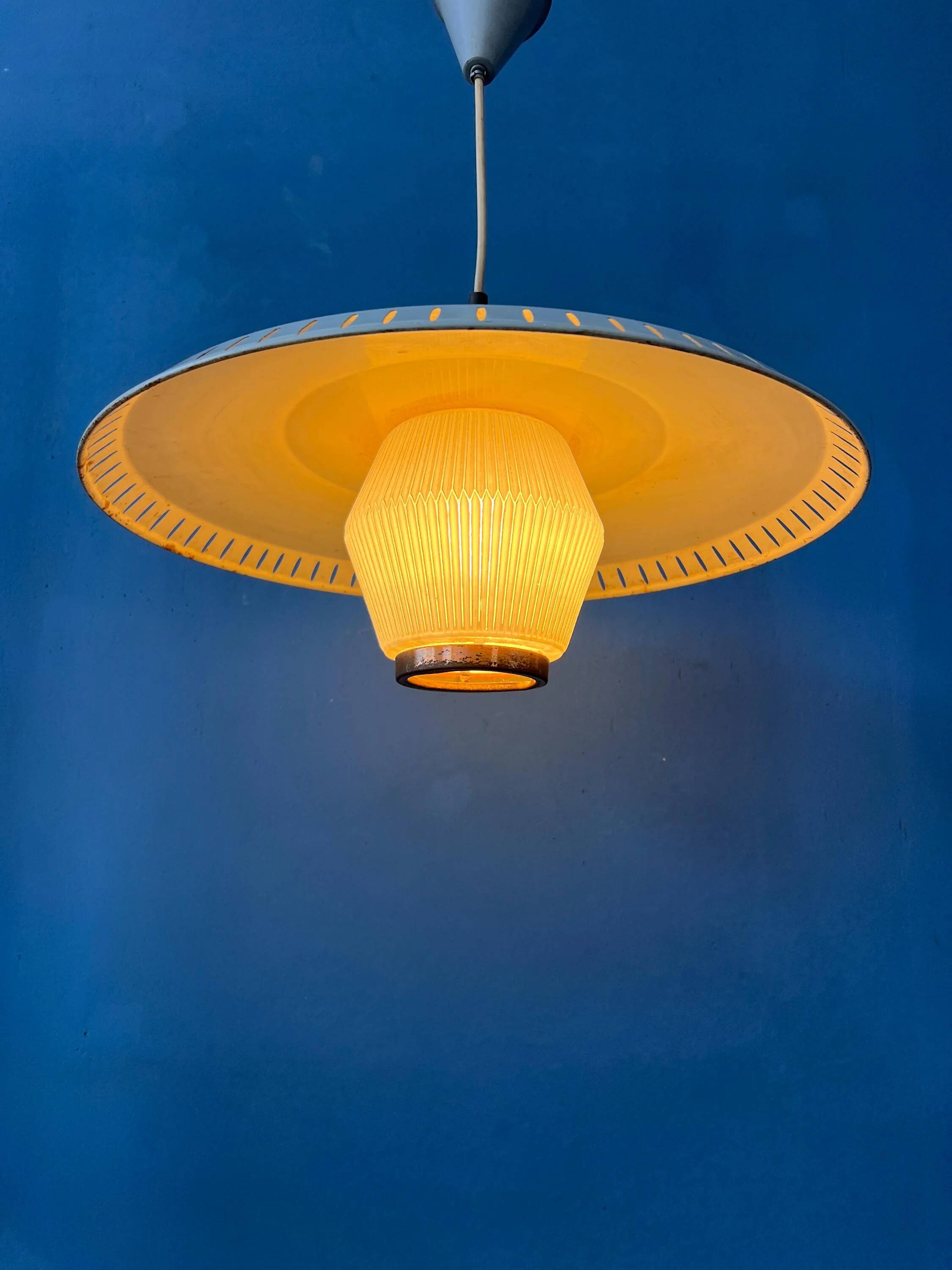 Vintage suspension by Louis Kalff in enamelled metal and opaline glass.