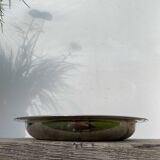 Round silver-plated metal serving dish with hallmark