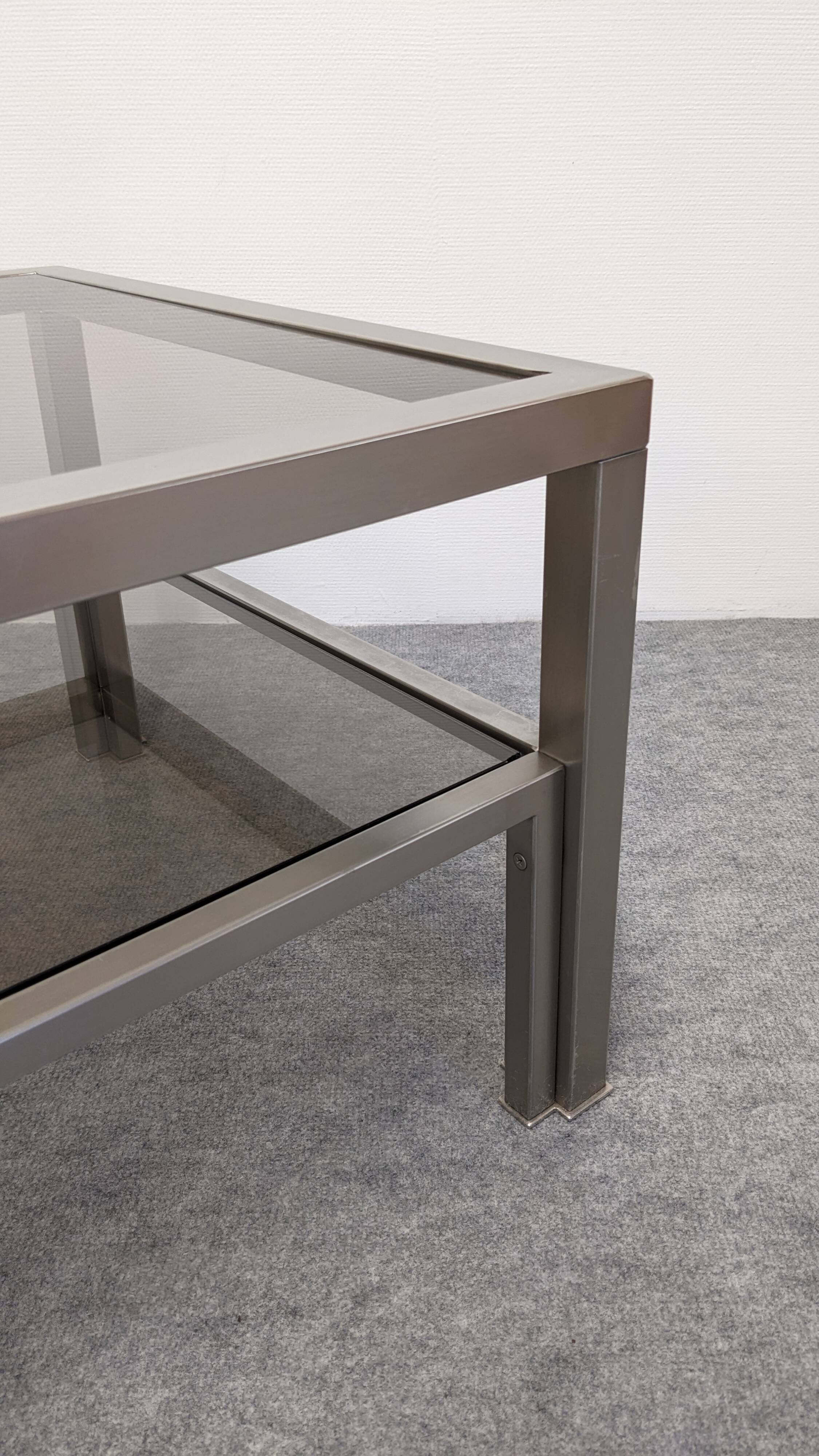 Table basse à 2 plateaux en inox brossé et verre fumé, France vers 1970