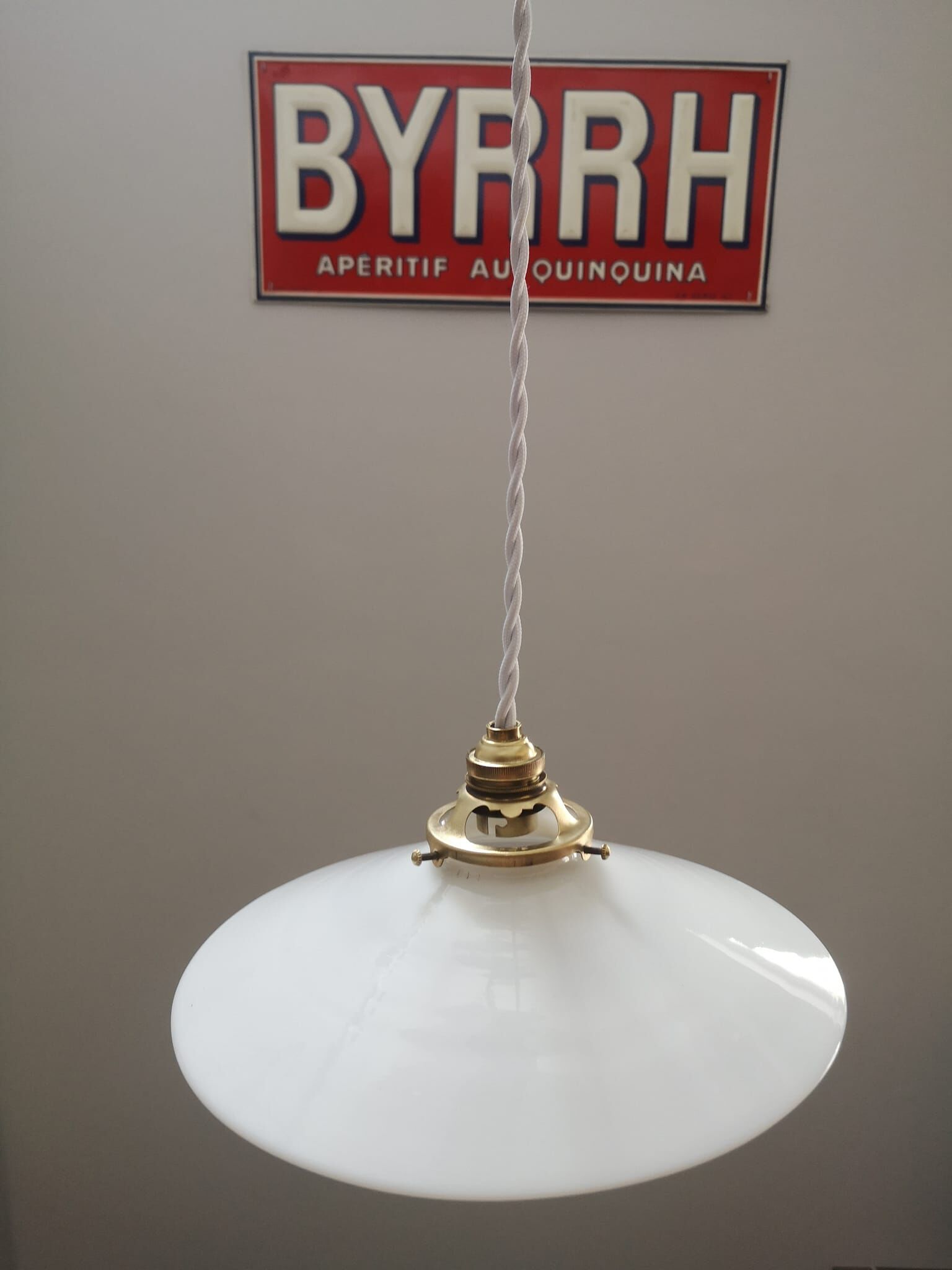 Suspension opaline blanche lisse baladeuse tbe art déco 1940 ø 25 cm tbe