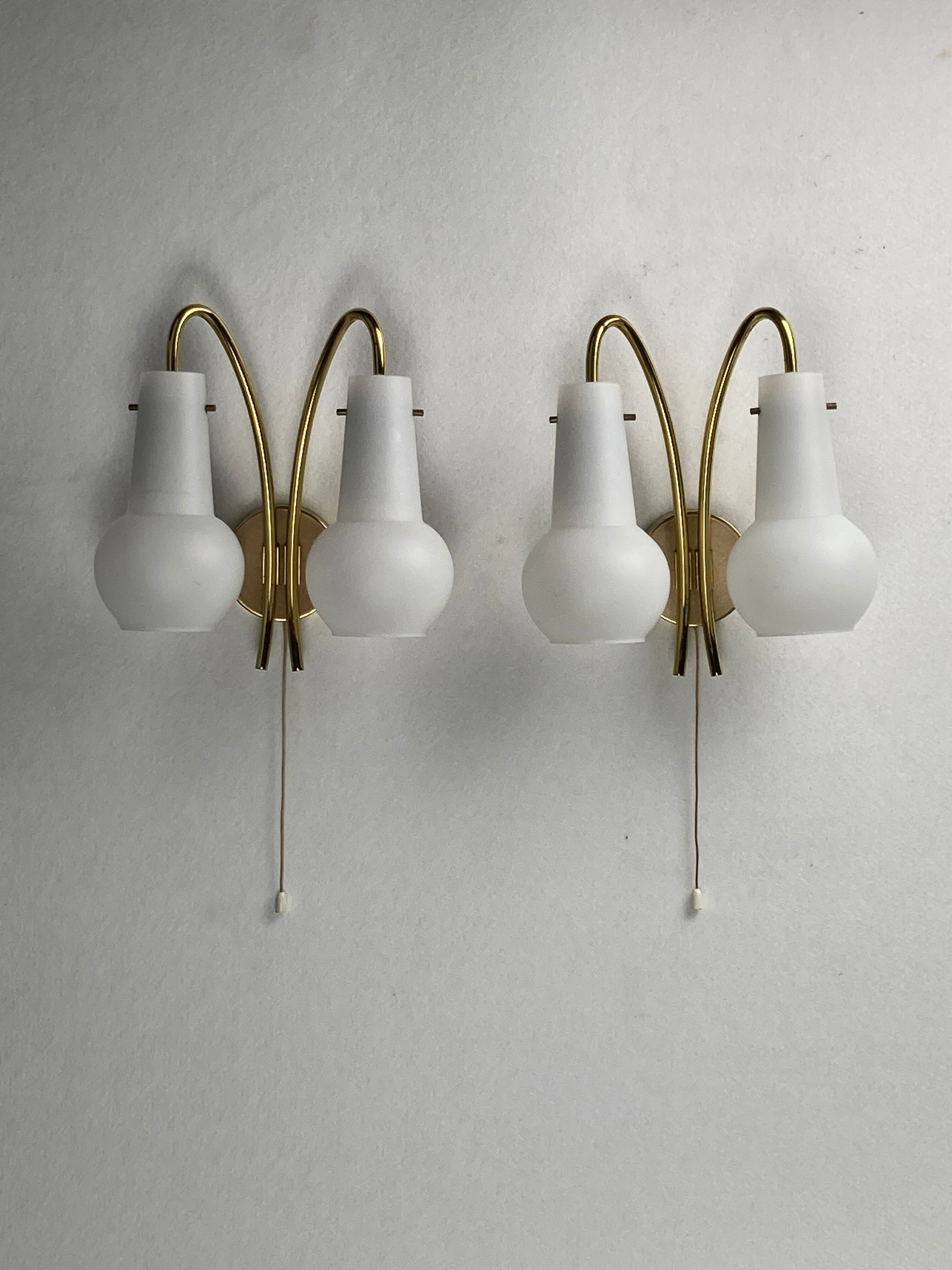 Pair brass and opaline wall sconces or bedside lamps, Austria 1950s
