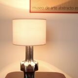 Sculptural lamp in silver cast iron, white lampshade, 70s