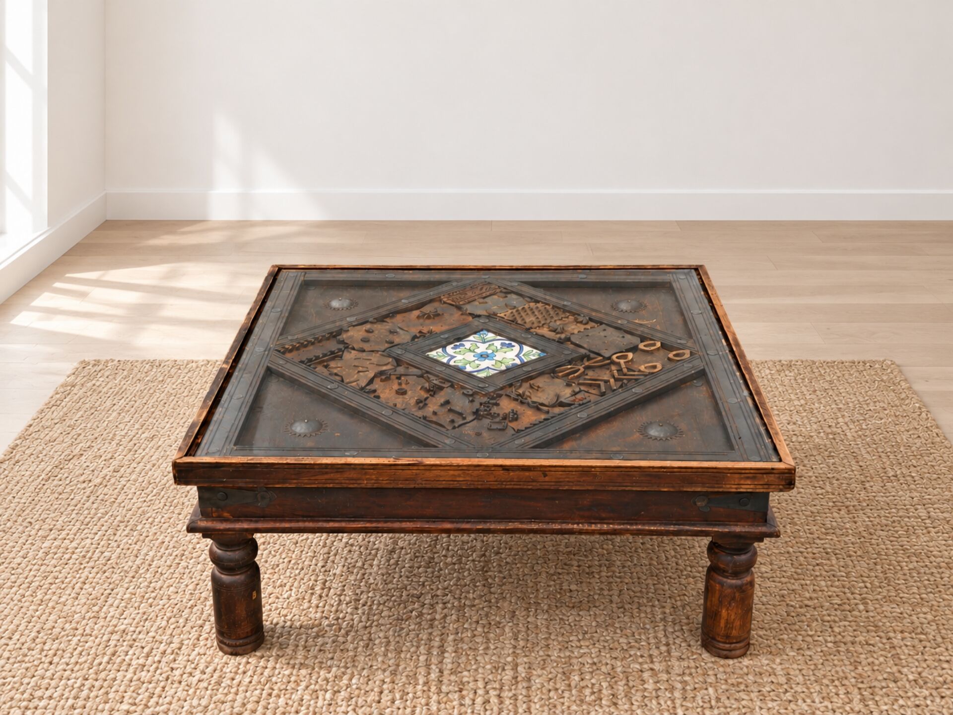 Large square vintage coffee table in wood, glass, and metal decor.