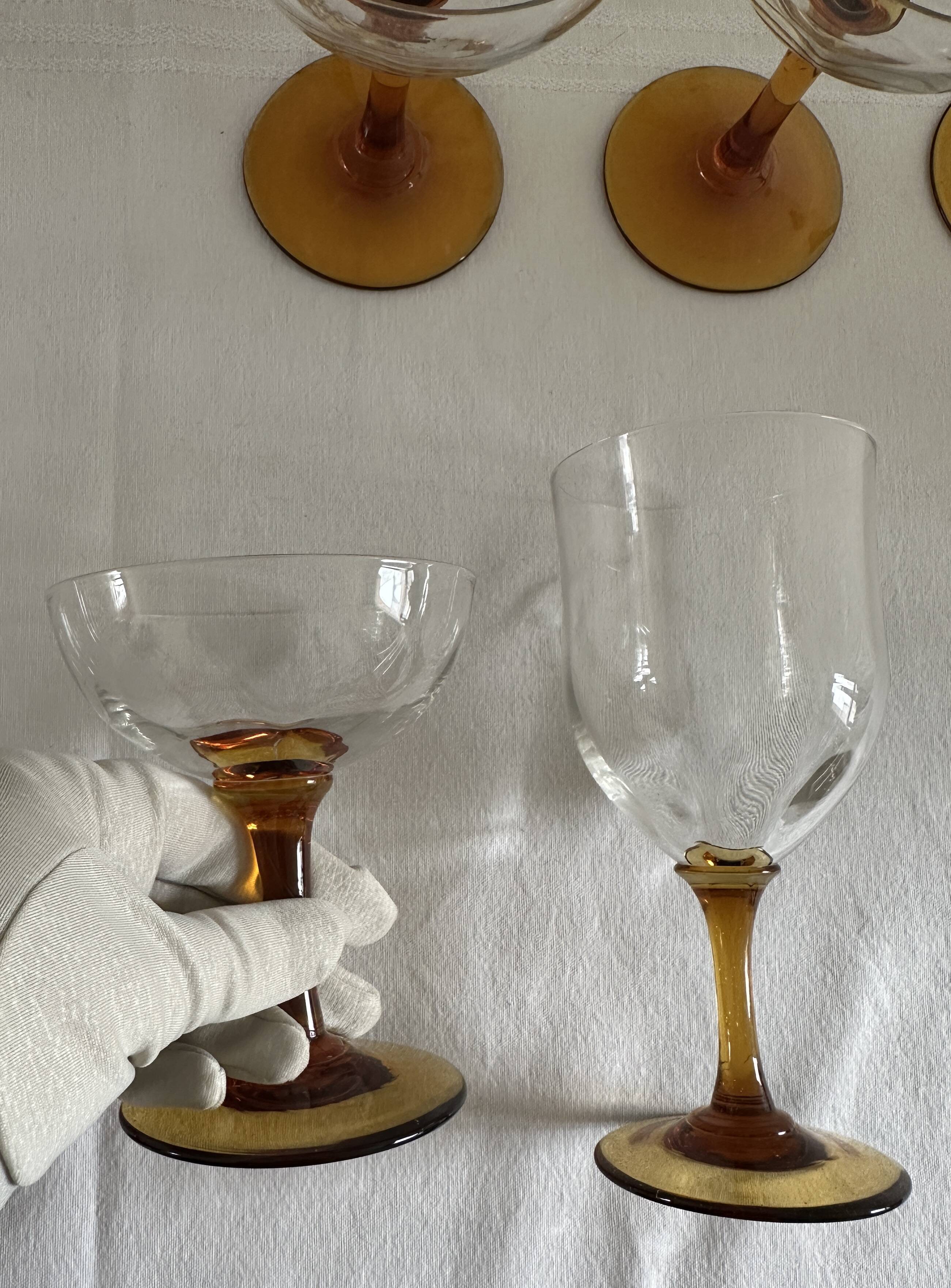 Set of 41 antique glasses with amber stems - water, wine, liqueur, champagne cups.