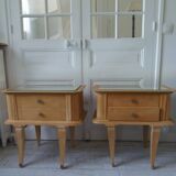 Pair of vintage bedside tables in raw wood, mirrored tops.
